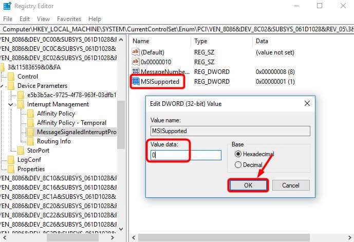 「MSISupported」鍵並將值變更為0